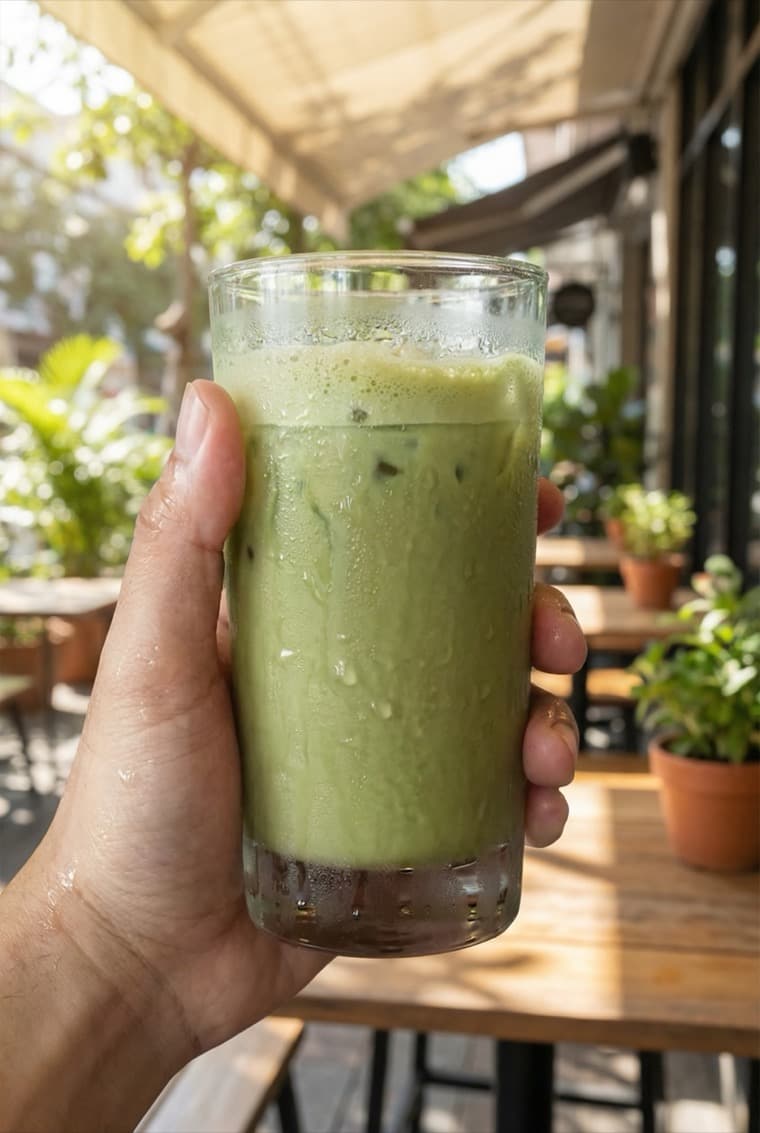 Matcha latte with condensation